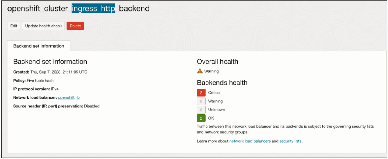 Example of an warning message that is under the Backend set information tab on Oracle Distributed Cloud