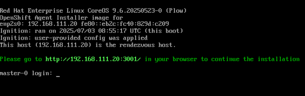 The rendezvous host providing the URL of the installation console